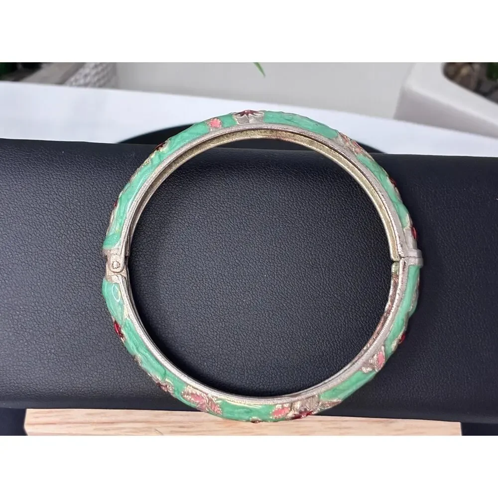 Vintage Mint Green Enamel Floral Bangle Bracelet Gold Tone Hinged Mid Century